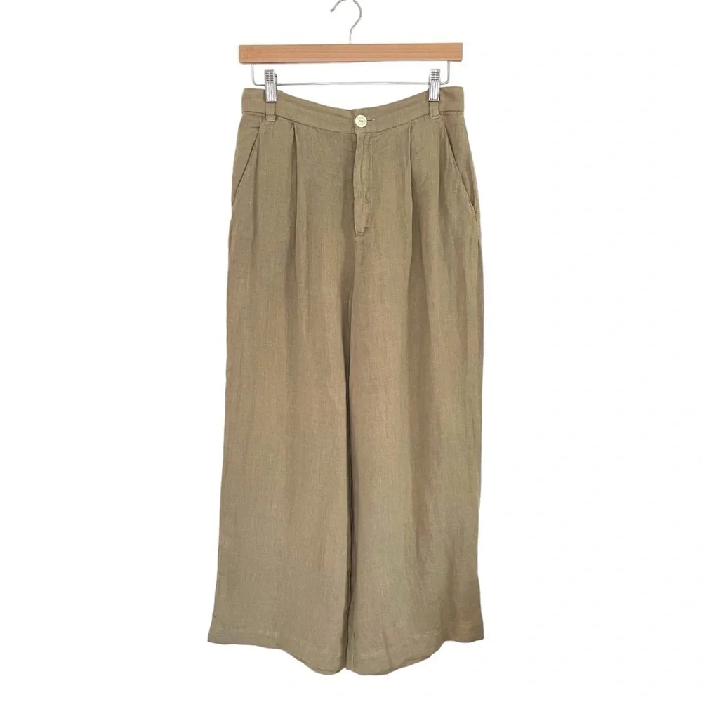 NWT Zara Relaxed Linen Wide Leg Crop Trouser Pleat Front Pant Khaki Tan Small